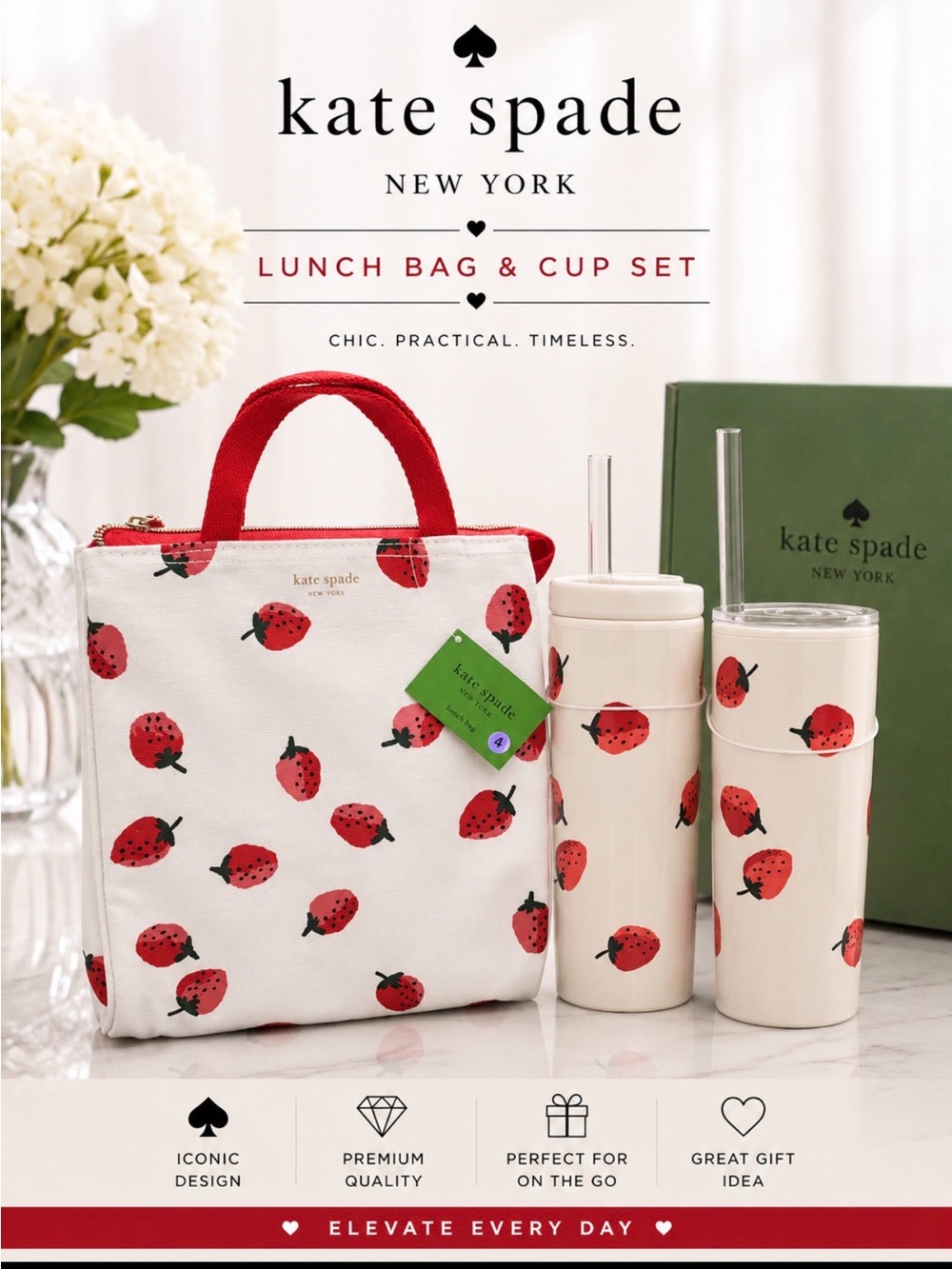 kate spade White Strawberry Print Lunch Bag & Cup Set - Red Accents